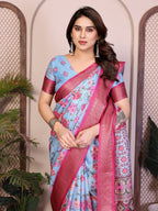 Fabrica Vibe Sky Blue Floral Handwoven Cotton Saree with Unstitched Blouse Piece