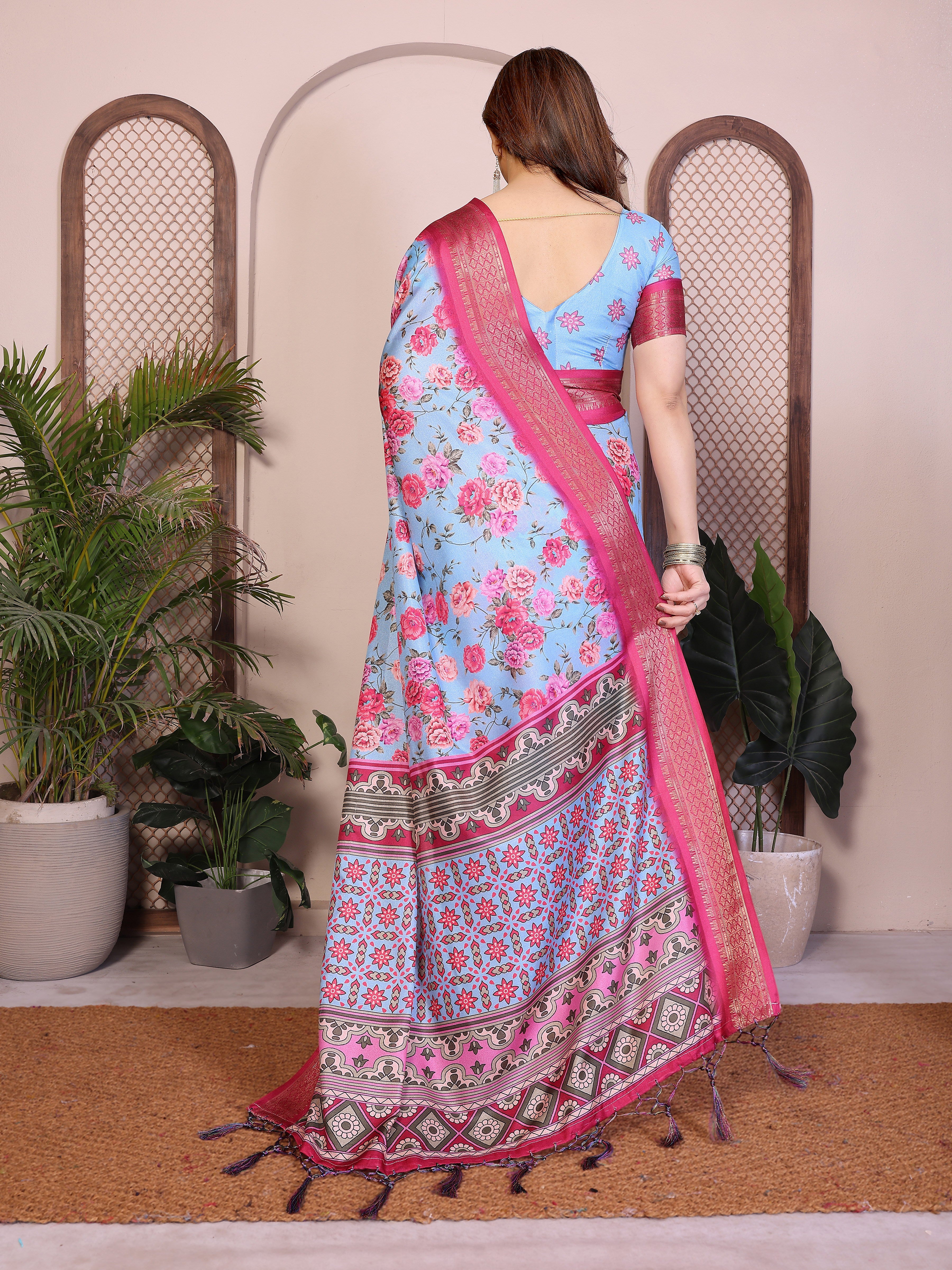 Fabrica Vibe Sky Blue Floral Handwoven Cotton Saree with Unstitched Blouse Piece