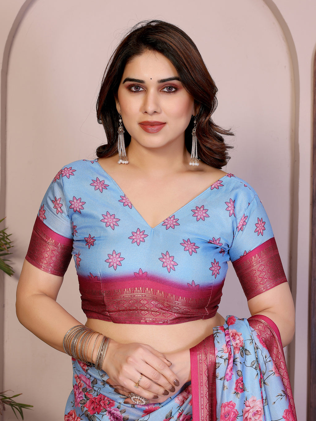 Fabrica Vibe Sky Blue Floral Handwoven Cotton Saree with Unstitched Blouse Piece