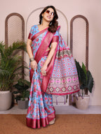 Fabrica Vibe Sky Blue Floral Handwoven Cotton Saree with Unstitched Blouse Piece