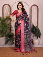 Fabrica Vibe Black Floral Handwoven Cotton Saree with Unstitched Blouse Piece