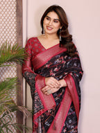 Fabrica Vibe Black Floral Handwoven Cotton Saree with Unstitched Blouse Piece