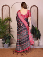Fabrica Vibe Black Floral Handwoven Cotton Saree with Unstitched Blouse Piece