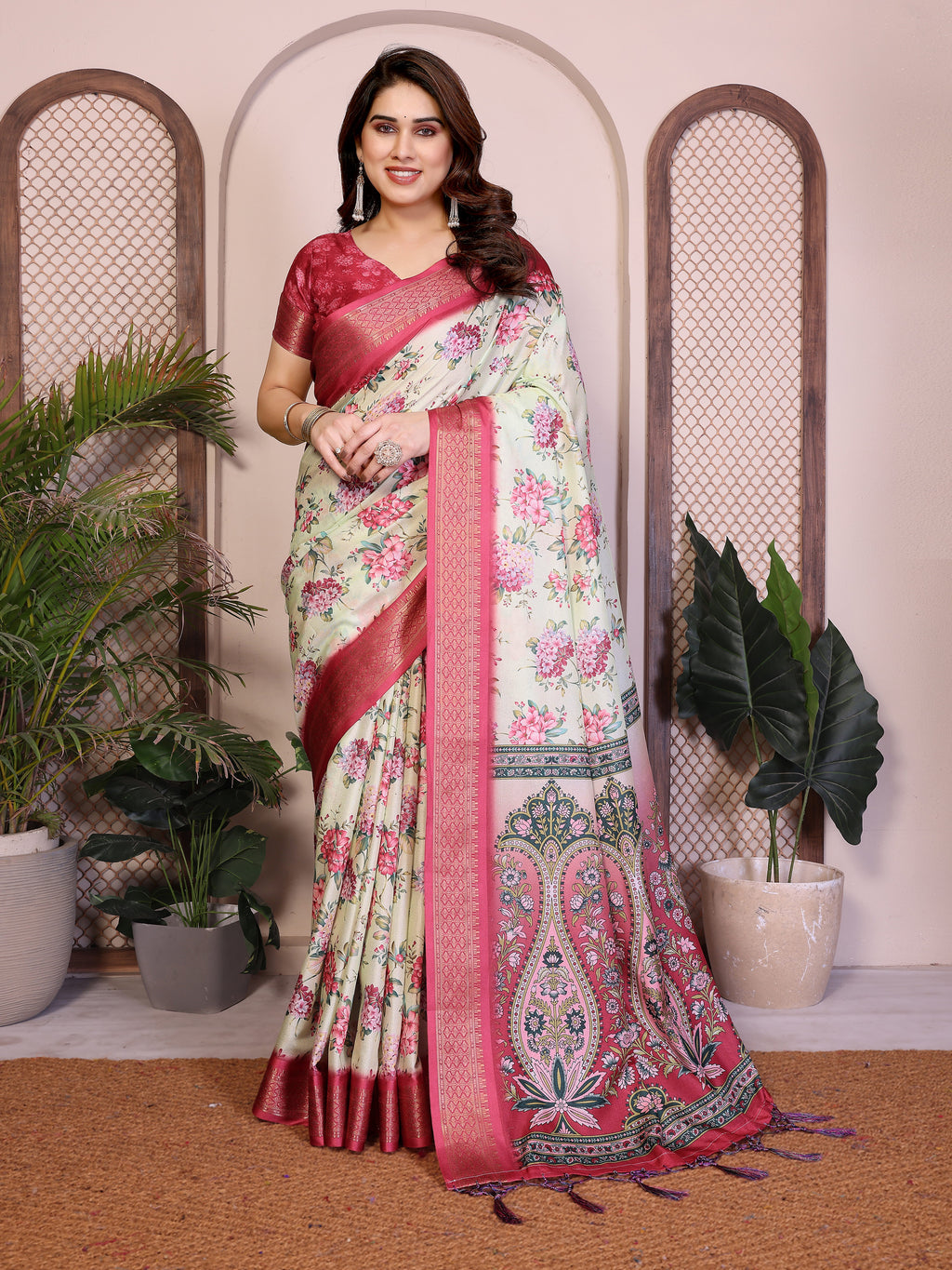 Fabrica Vibe Light Yellow Floral Handwoven Cotton Saree with Unstitched Blouse Piece