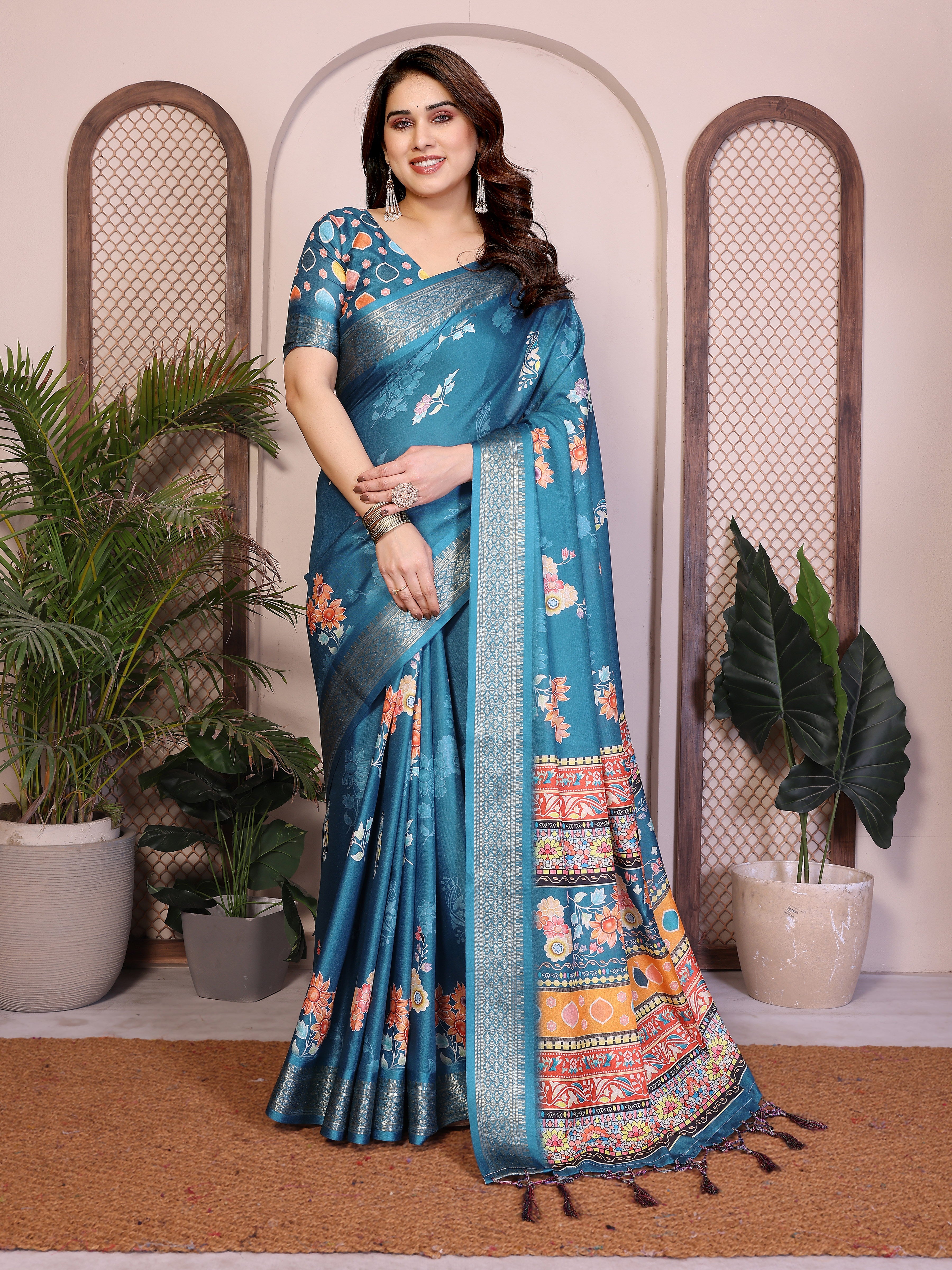 Fabrica Vibe Rama Blue Floral Handwoven Cotton Saree with Unstitched Blouse Piece