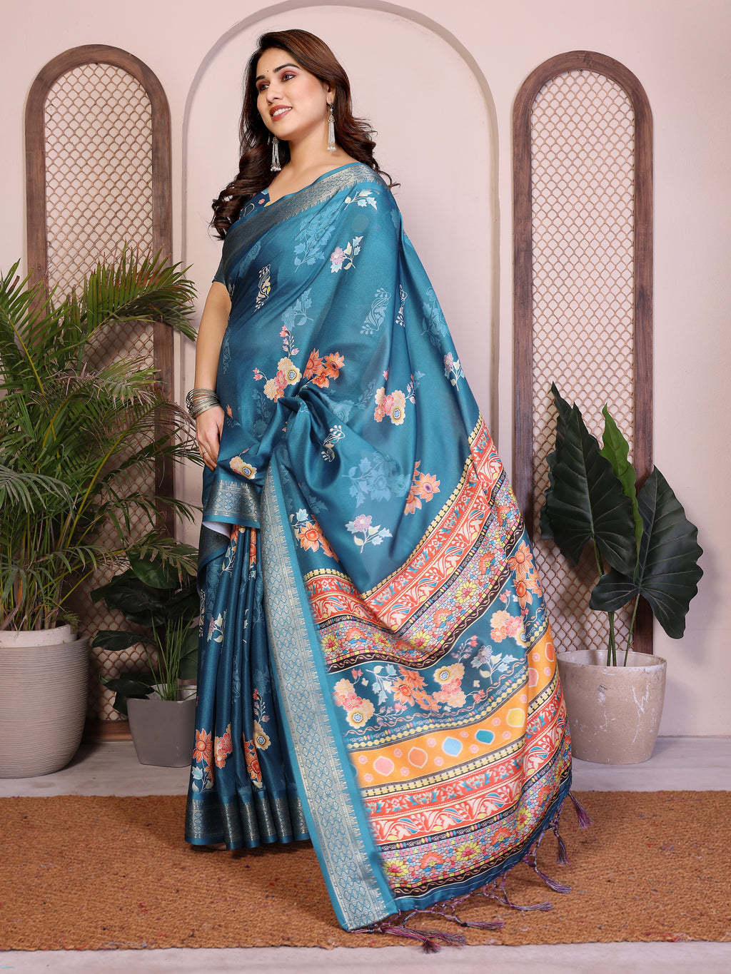 Fabrica Vibe Rama Blue Floral Handwoven Cotton Saree with Unstitched Blouse Piece