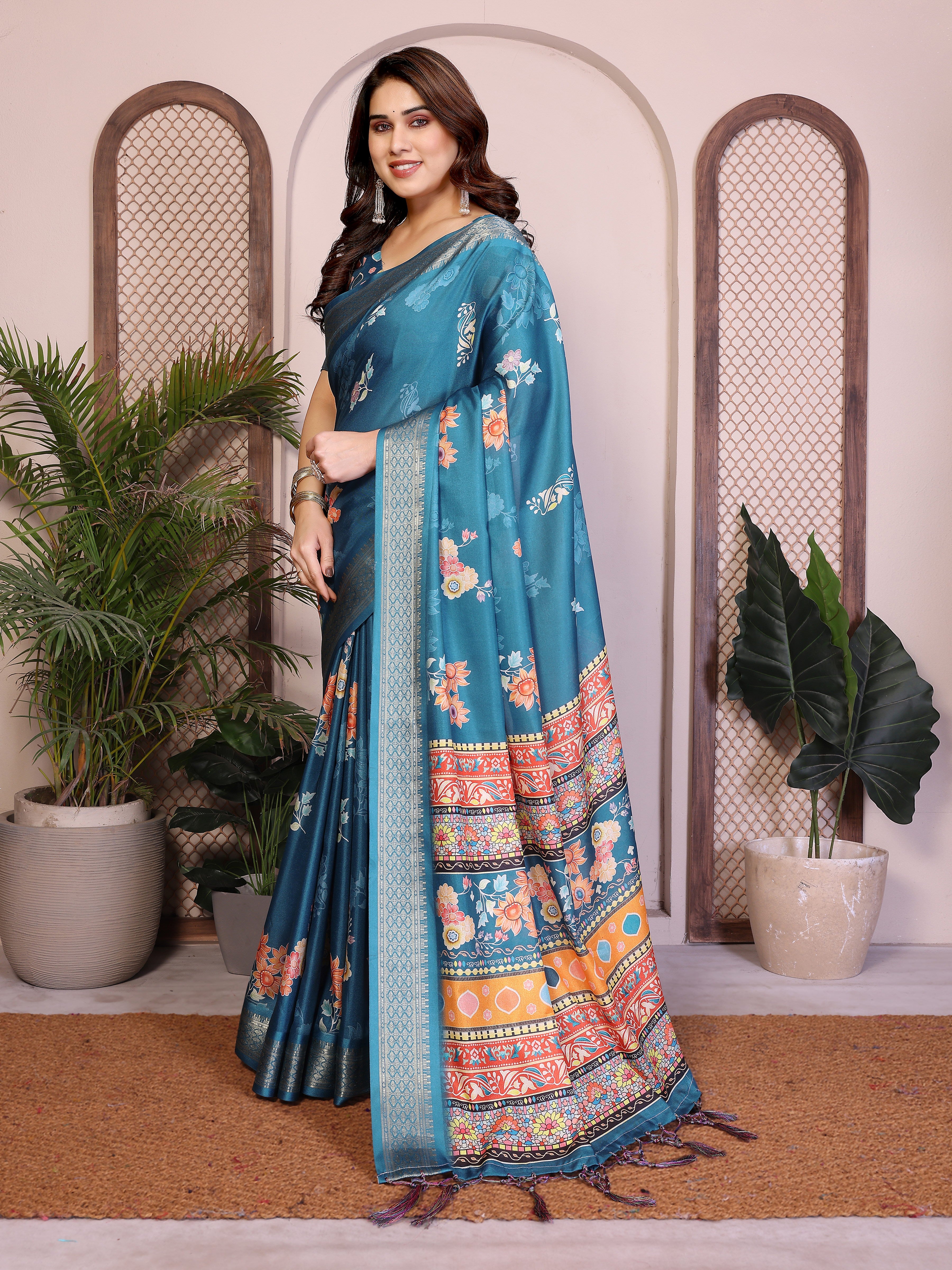 Fabrica Vibe Rama Blue Floral Handwoven Cotton Saree with Unstitched Blouse Piece
