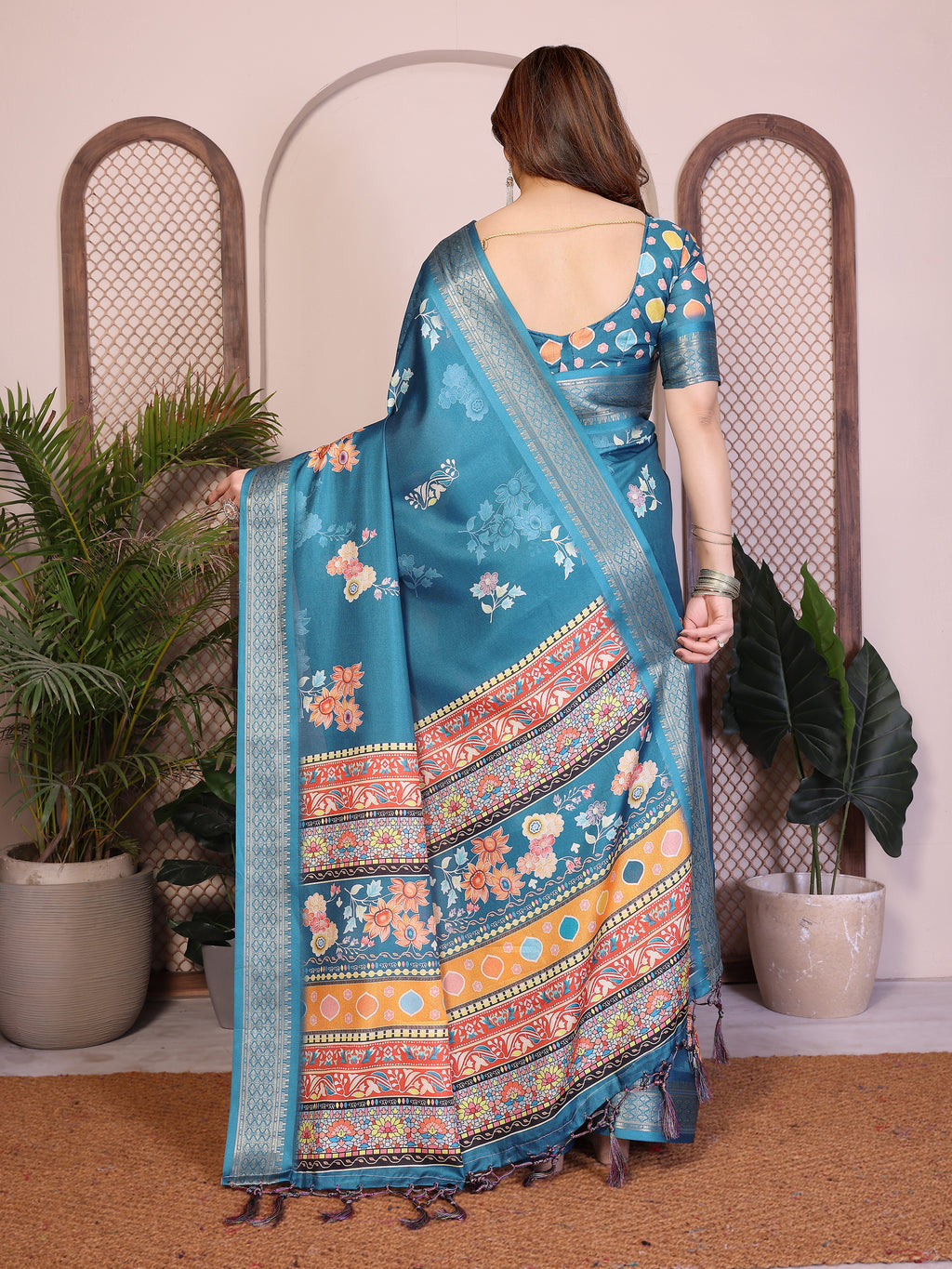 Fabrica Vibe Rama Blue Floral Handwoven Cotton Saree with Unstitched Blouse Piece
