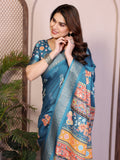 Fabrica Vibe Rama Blue Floral Handwoven Cotton Saree with Unstitched Blouse Piece