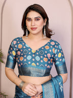 Fabrica Vibe Rama Blue Floral Handwoven Cotton Saree with Unstitched Blouse Piece