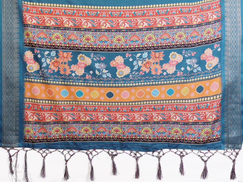 Fabrica Vibe Rama Blue Floral Handwoven Cotton Saree with Unstitched Blouse Piece