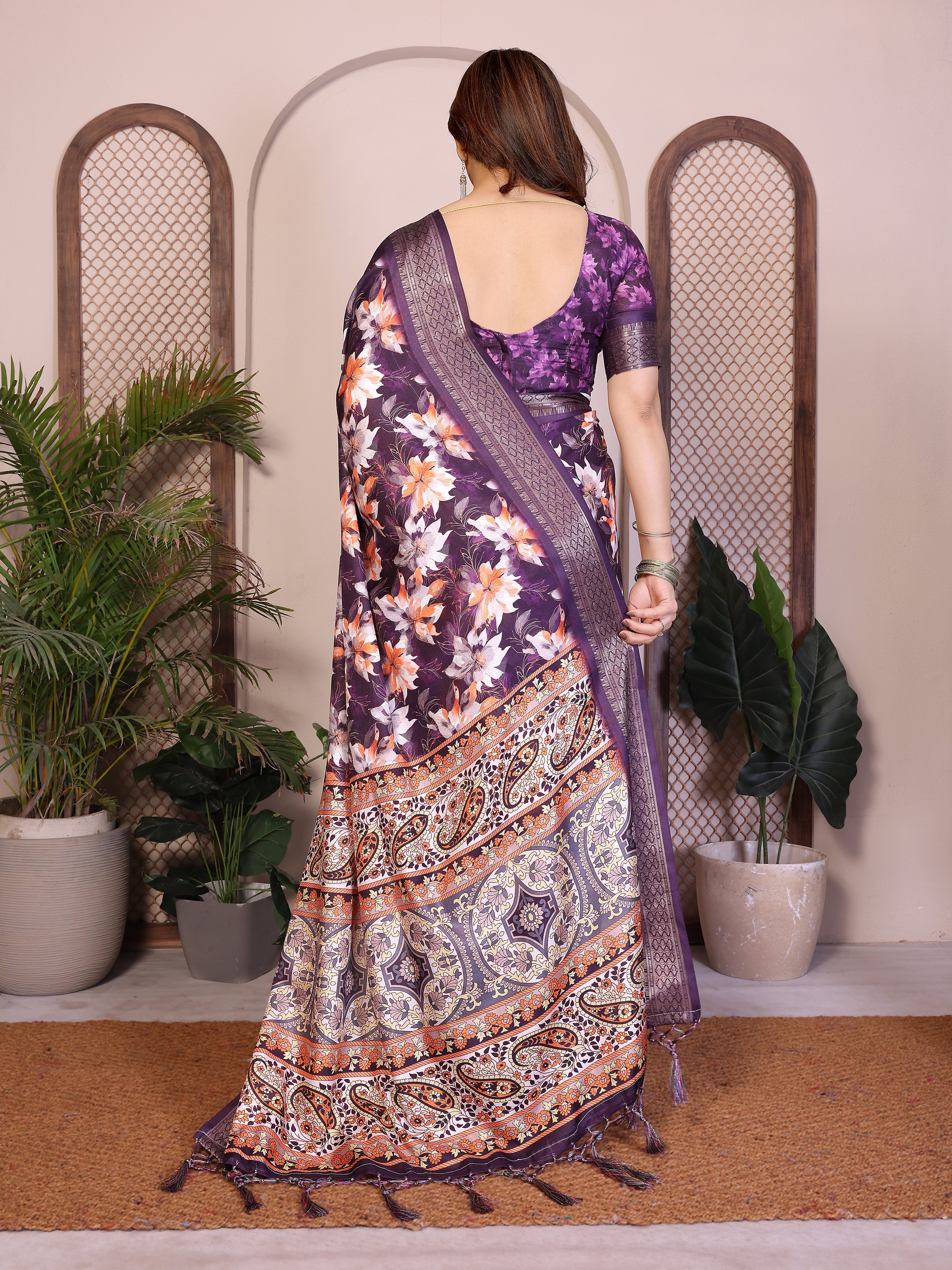 Fabrica Vibe Purple Floral Handwoven Cotton Saree with Unstitched Blouse Piece