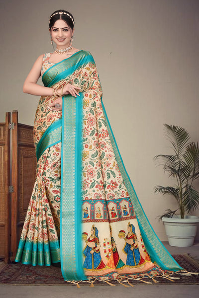 Fabrica Vibe Handwoven Bengal Cotton Saree with Floral Print & Traditional Folk Art Pallu - Cream & Turquoise