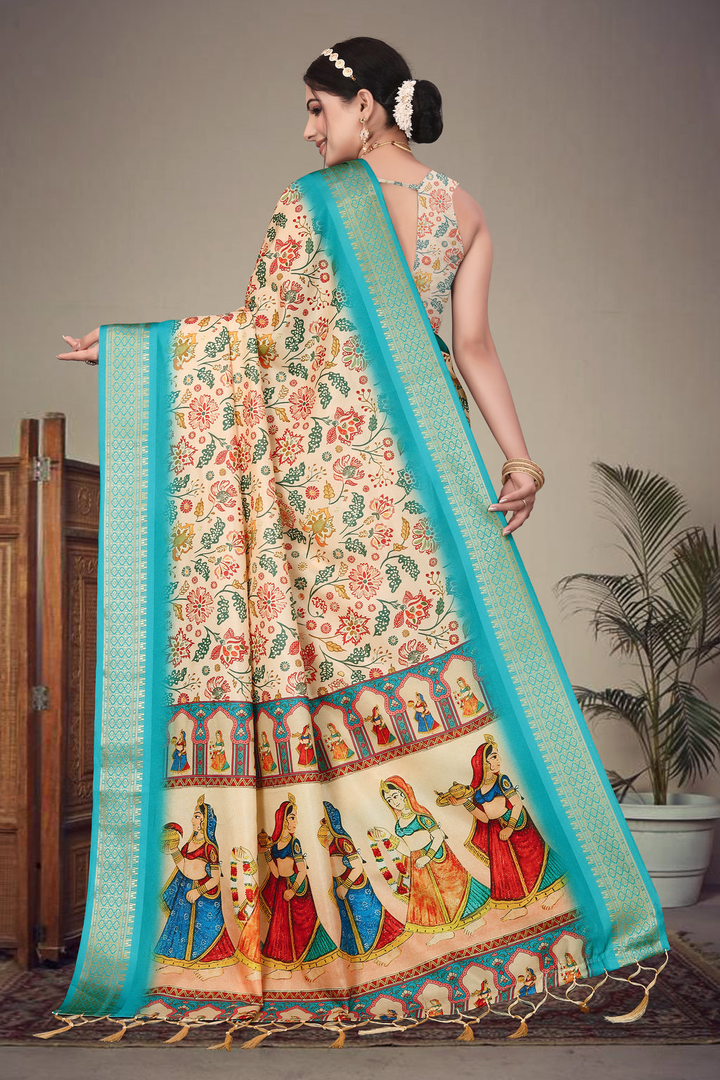 Fabrica Vibe Handwoven Bengal Cotton Saree with Floral Print & Traditional Folk Art Pallu - Cream & Turquoise