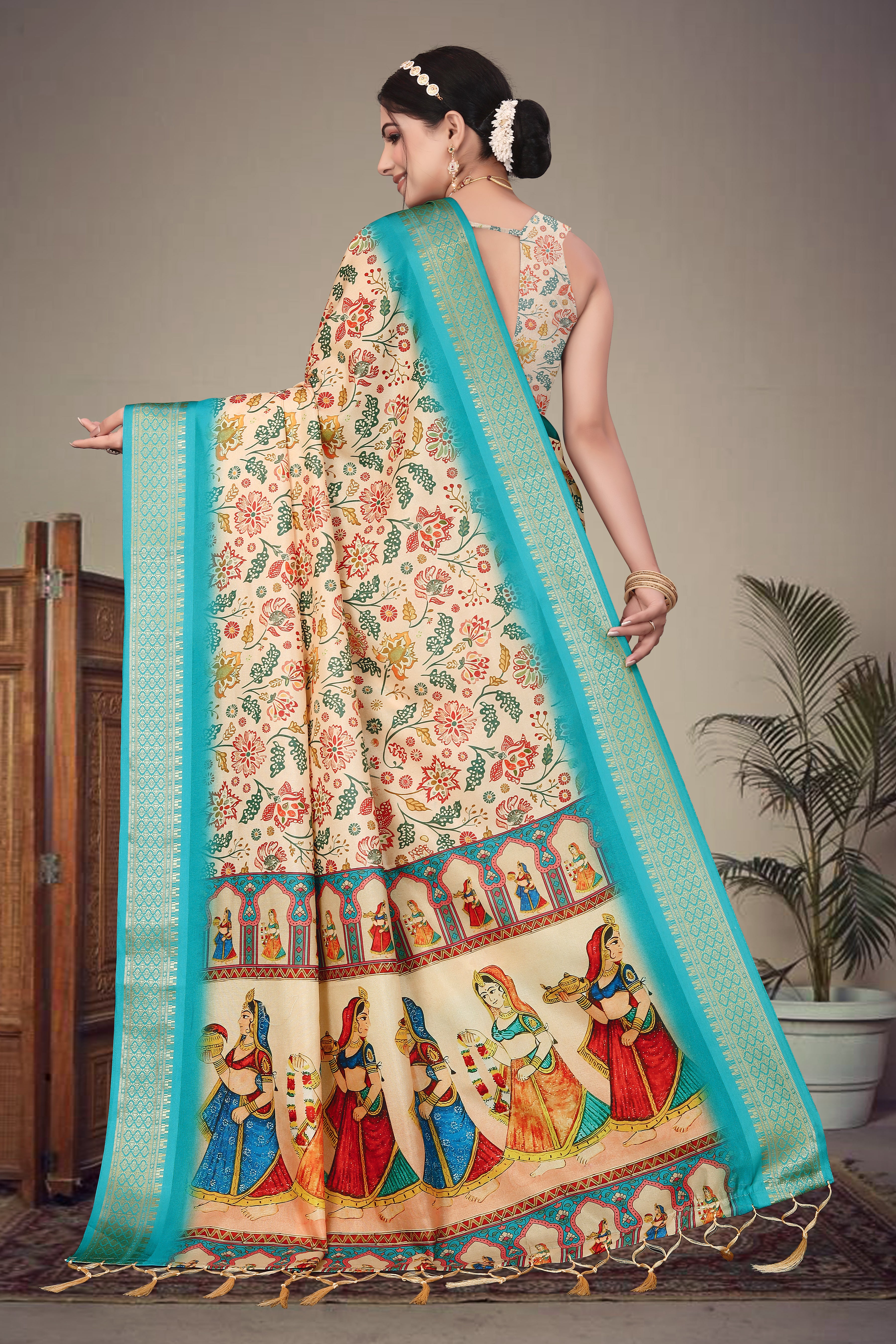 Fabrica Vibe Handwoven Bengal Cotton Saree with Floral Print & Traditional Folk Art Pallu - Cream & Turquoise