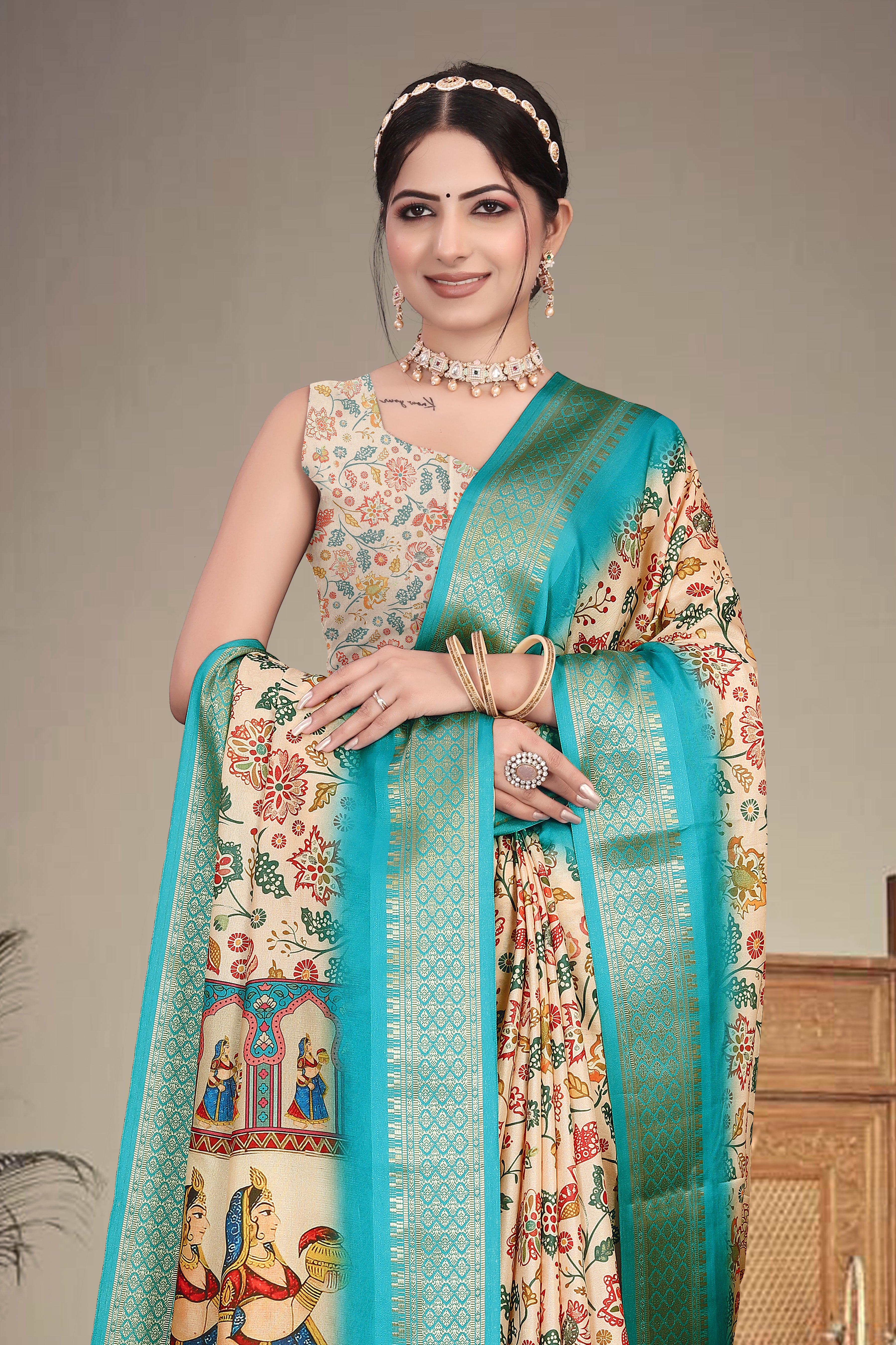 Fabrica Vibe Handwoven Bengal Cotton Saree with Floral Print & Traditional Folk Art Pallu - Cream & Turquoise
