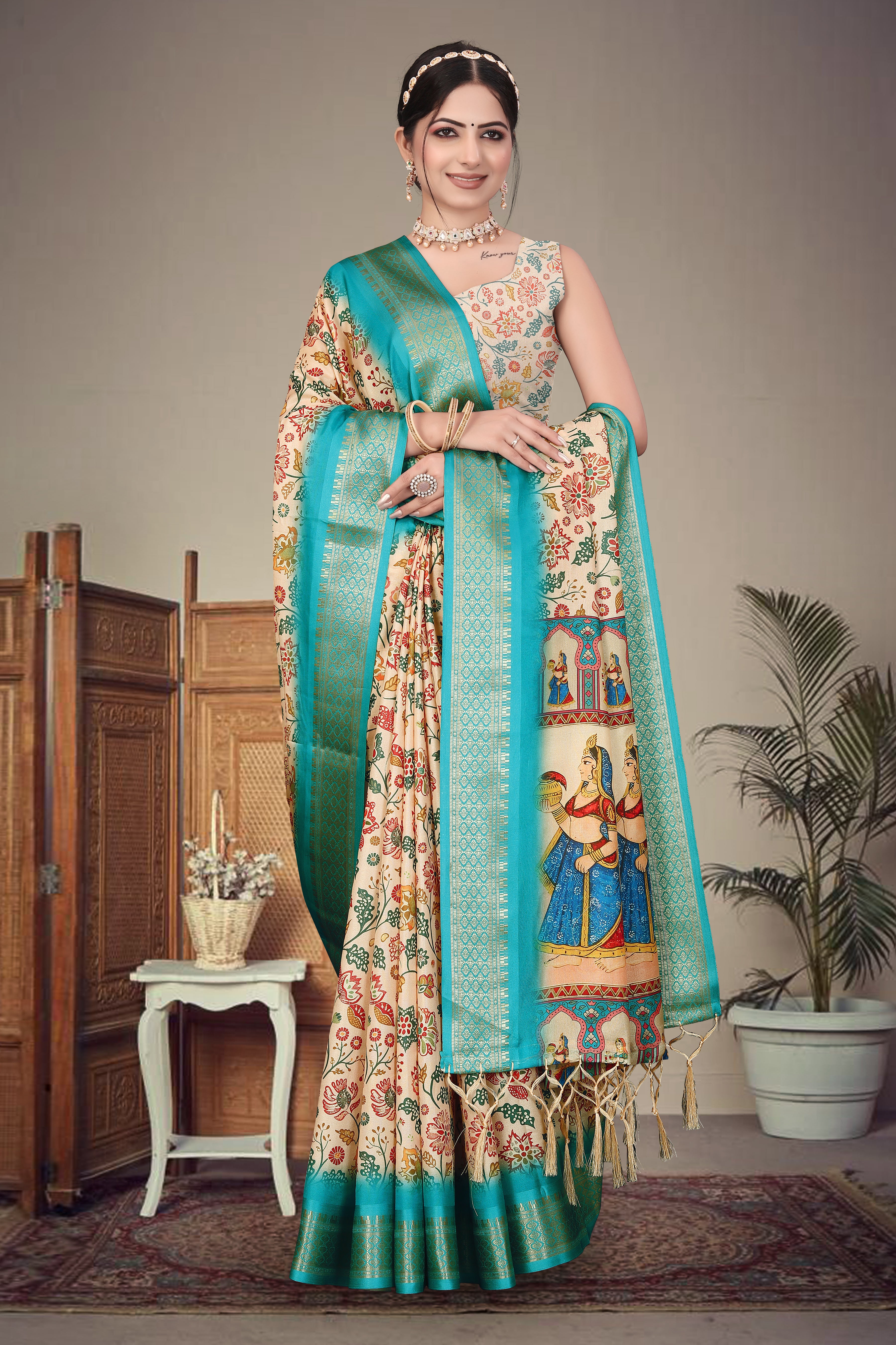 Fabrica Vibe Handwoven Bengal Cotton Saree with Floral Print & Traditional Folk Art Pallu - Cream & Turquoise