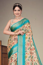 Fabrica Vibe Handwoven Bengal Cotton Saree with Floral Print & Traditional Folk Art Pallu - Cream & Turquoise