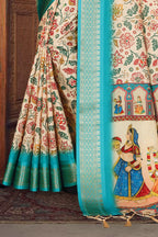 Fabrica Vibe Handwoven Bengal Cotton Saree with Floral Print & Traditional Folk Art Pallu - Cream & Turquoise