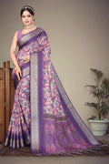 Fabrica Vibe Handwoven Bengal Cotton Saree with Paisley Floral Print & Woven Border - Purple