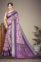 Fabrica Vibe Handwoven Bengal Cotton Saree with Paisley Floral Print & Woven Border - Purple