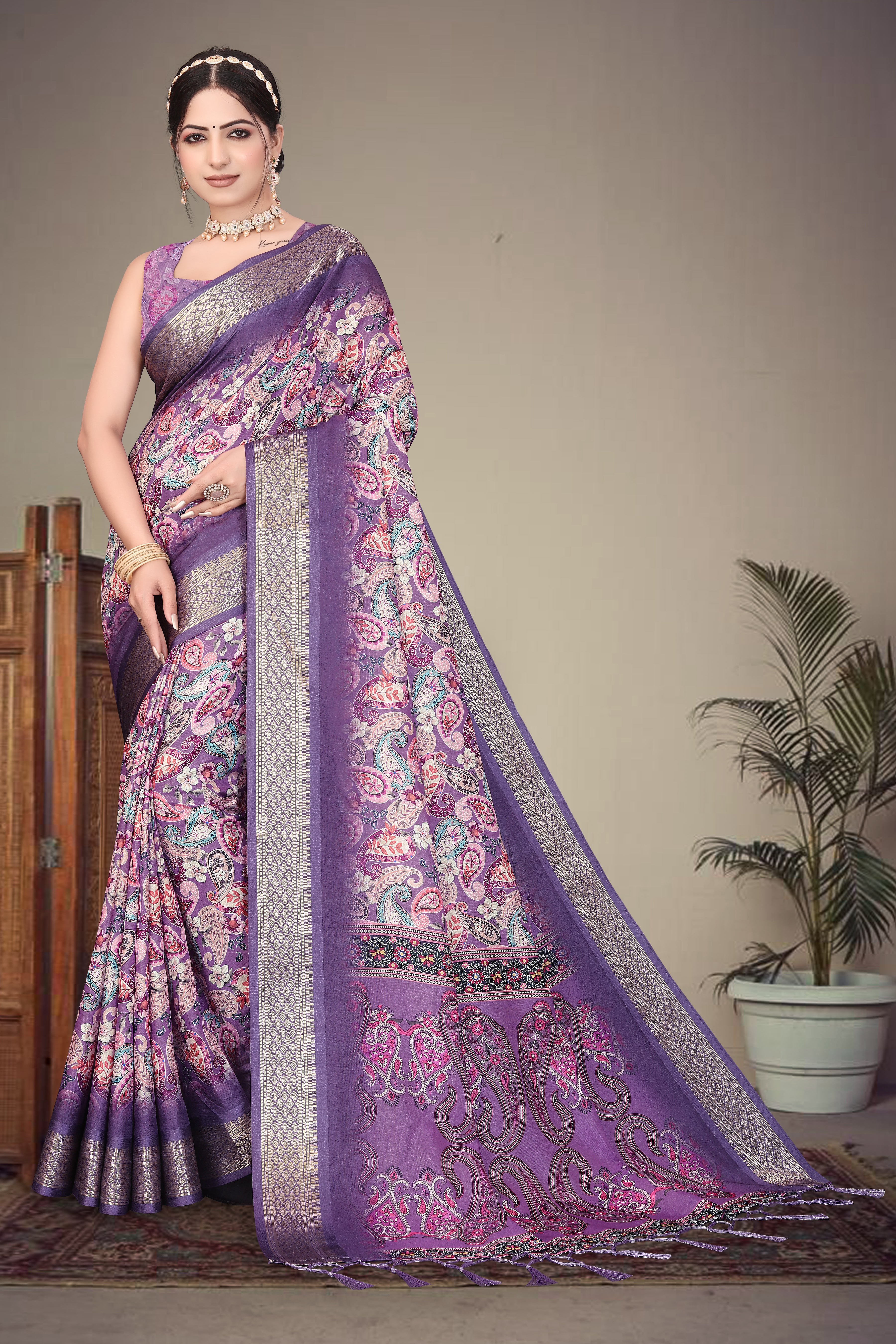 Fabrica Vibe Handwoven Bengal Cotton Saree with Paisley Floral Print & Woven Border - Purple