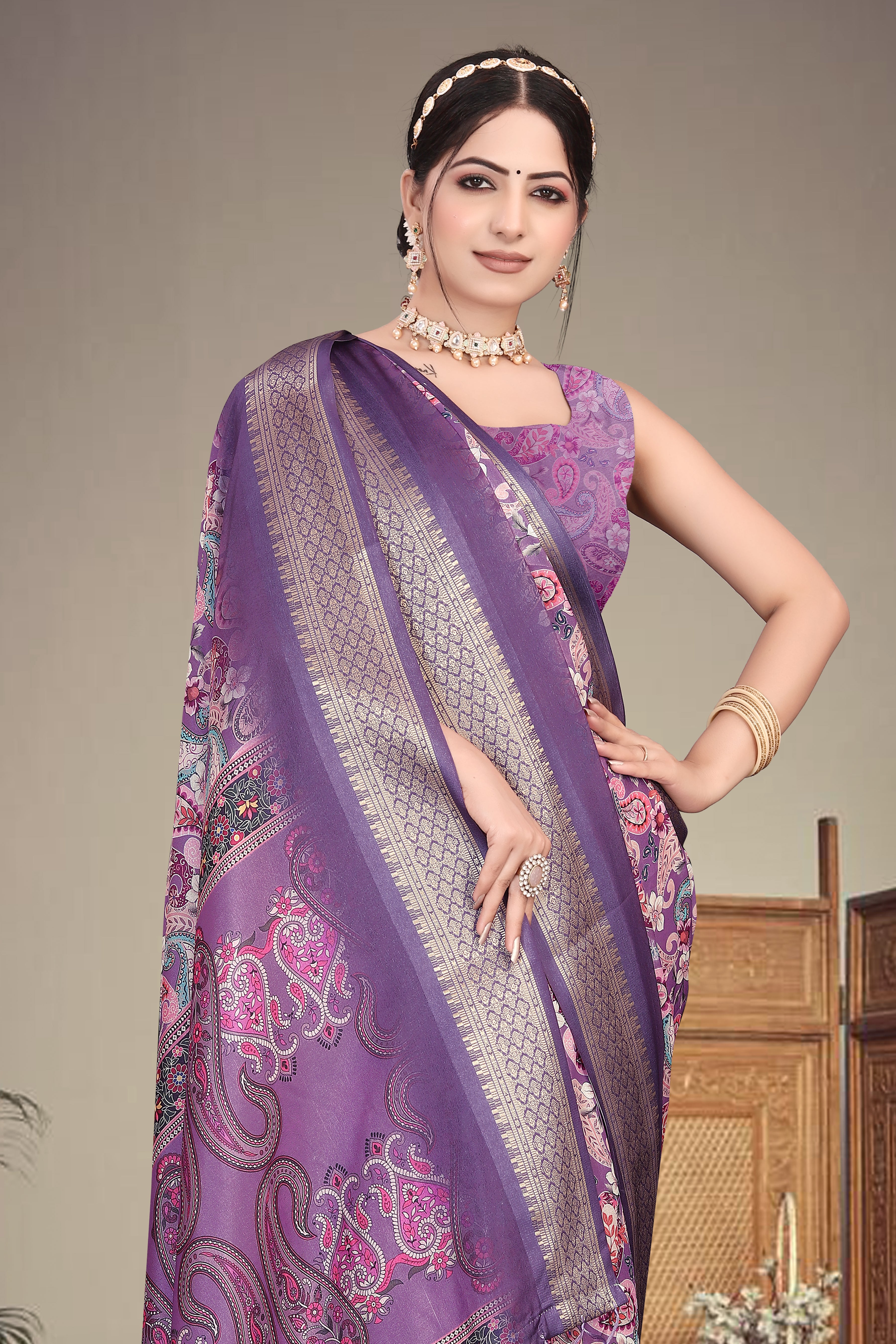 Fabrica Vibe Handwoven Bengal Cotton Saree with Paisley Floral Print & Woven Border - Purple