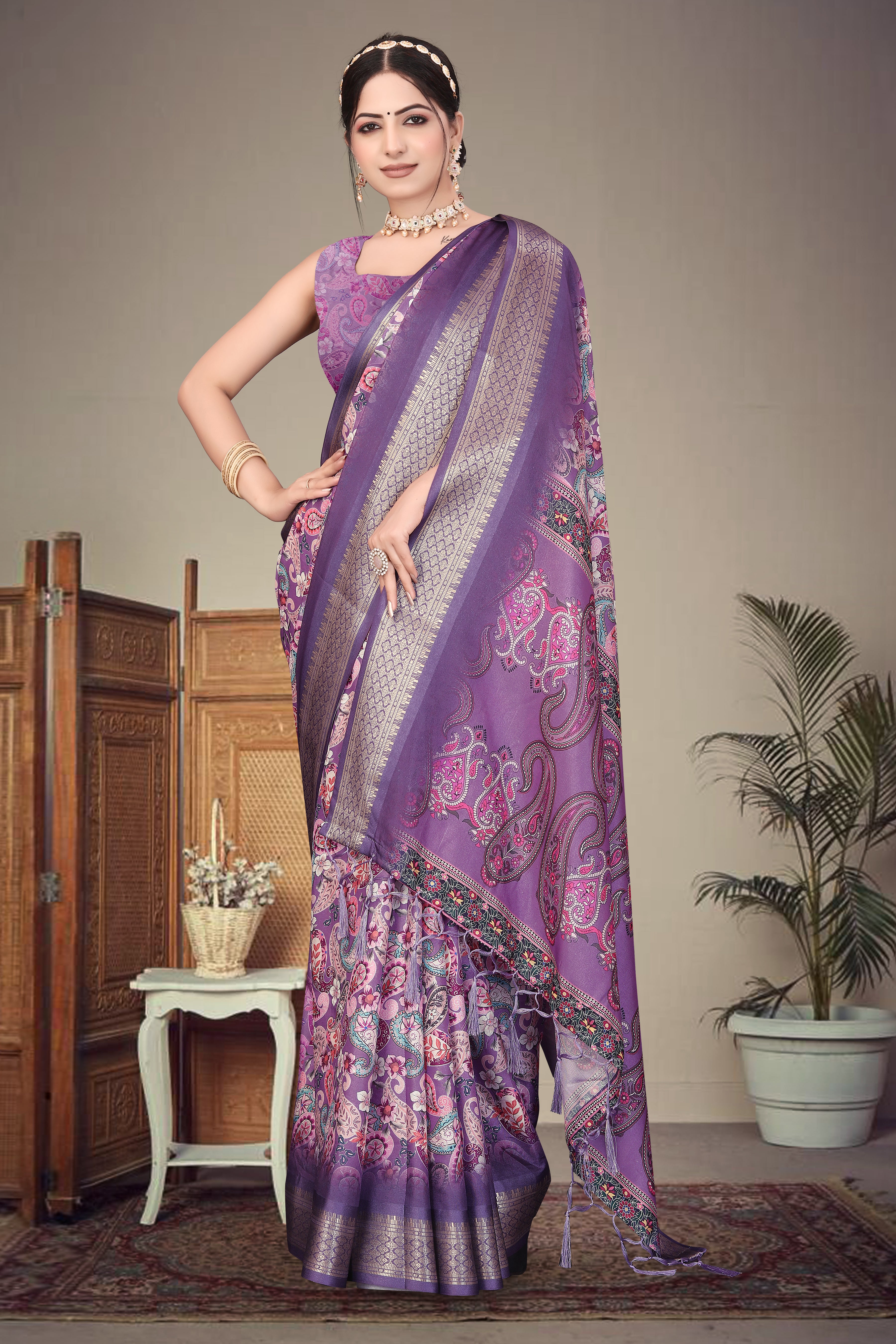Fabrica Vibe Handwoven Bengal Cotton Saree with Paisley Floral Print & Woven Border - Purple