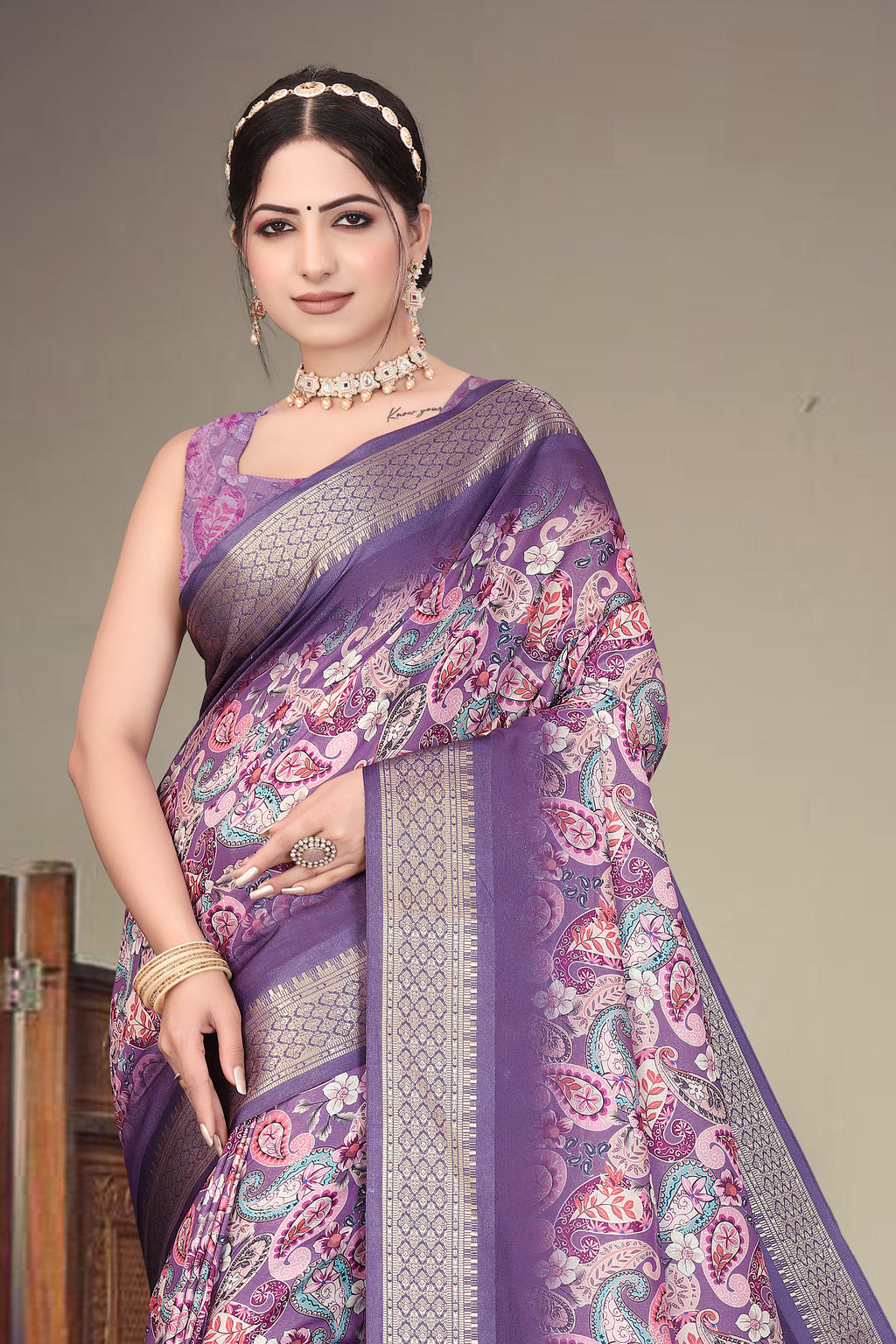 Fabrica Vibe Handwoven Bengal Cotton Saree with Paisley Floral Print & Woven Border - Purple
