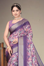 Fabrica Vibe Handwoven Bengal Cotton Saree with Paisley Floral Print & Woven Border - Purple