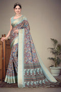 Fabrica Vibe Handwoven Bengal Cotton Saree with Paisley Print & Woven Border - Olive Mint Green