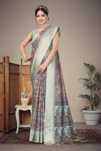 Fabrica Vibe Handwoven Bengal Cotton Saree with Paisley Print & Woven Border - Olive Mint Green