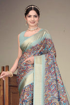 Fabrica Vibe Handwoven Bengal Cotton Saree with Paisley Print & Woven Border - Olive Mint Green