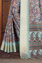 Fabrica Vibe Handwoven Bengal Cotton Saree with Paisley Print & Woven Border - Olive Mint Green