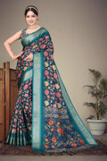 Fabrica Vibe Handwoven Bengal Cotton Saree with Floral Print & Woven Border - Royal Blue