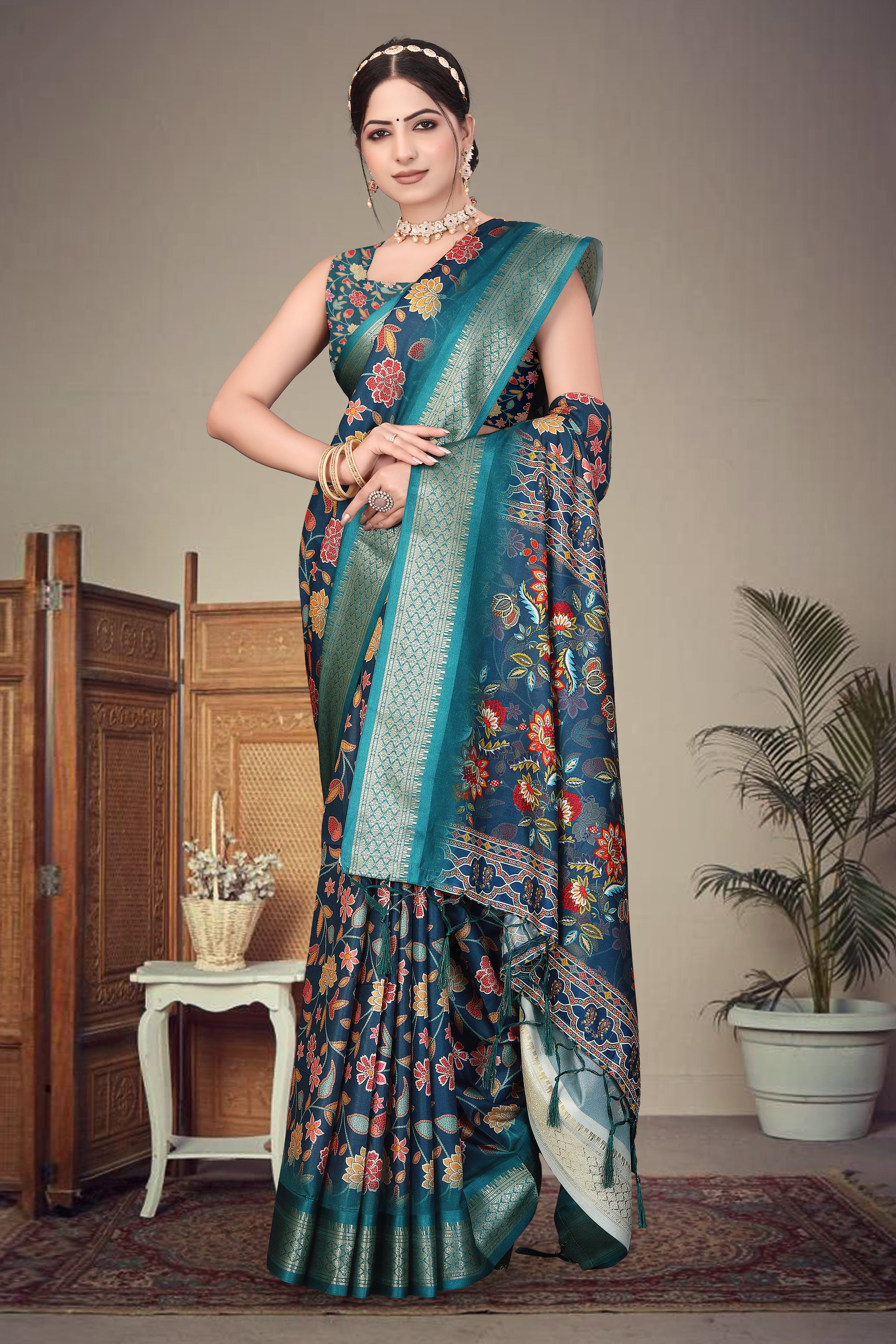Fabrica Vibe Handwoven Bengal Cotton Saree with Floral Print & Woven Border - Royal Blue