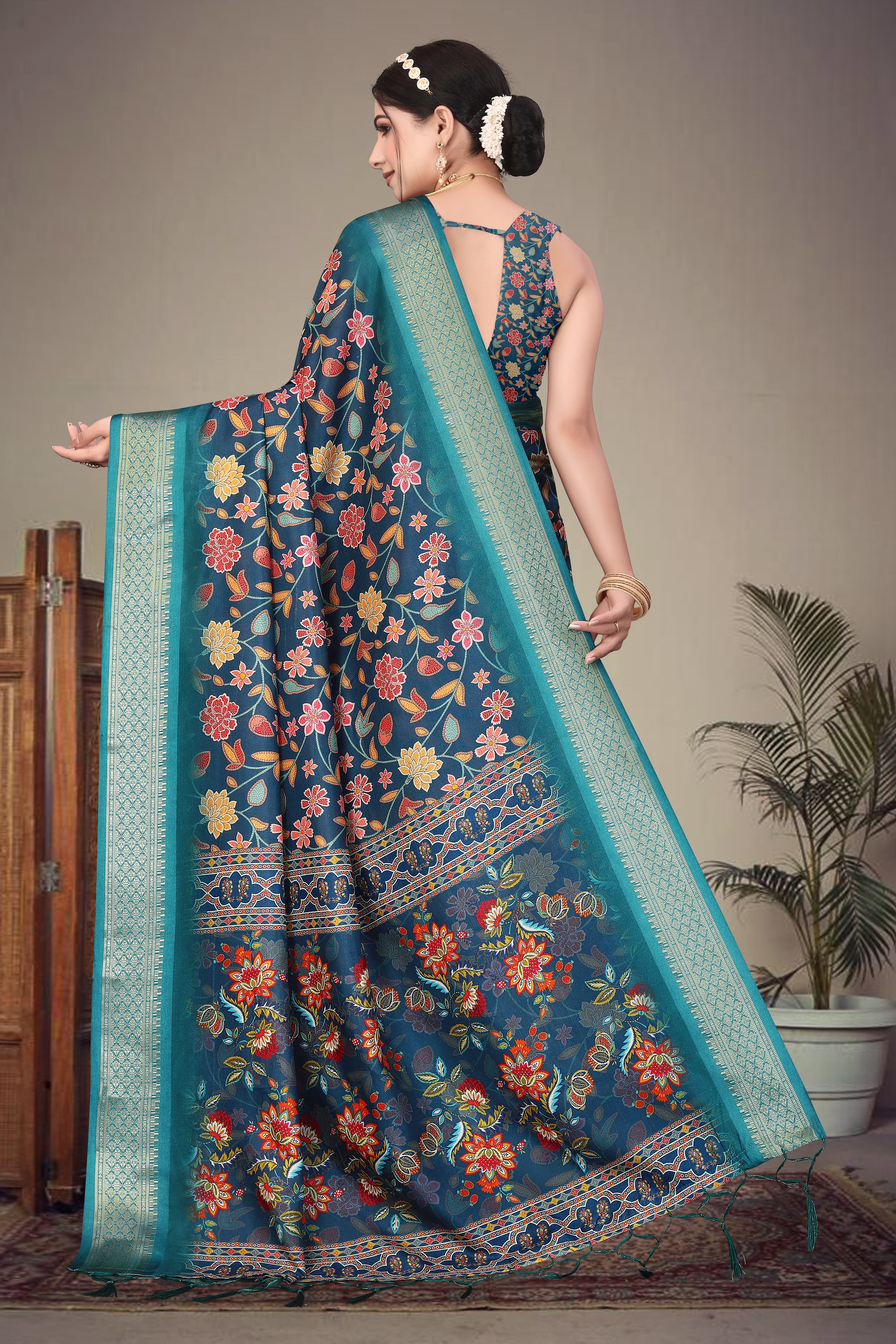 Fabrica Vibe Handwoven Bengal Cotton Saree with Floral Print & Woven Border - Royal Blue