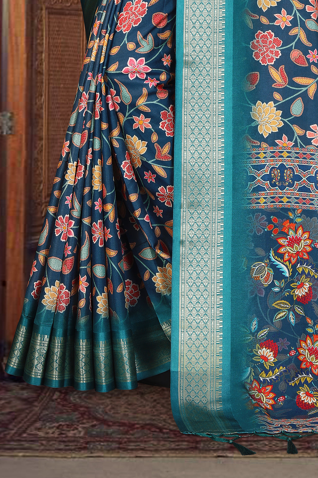 Fabrica Vibe Handwoven Bengal Cotton Saree with Floral Print & Woven Border - Royal Blue