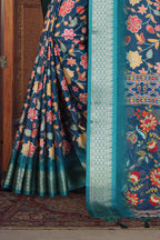 Fabrica Vibe Handwoven Bengal Cotton Saree with Floral Print & Woven Border - Royal Blue