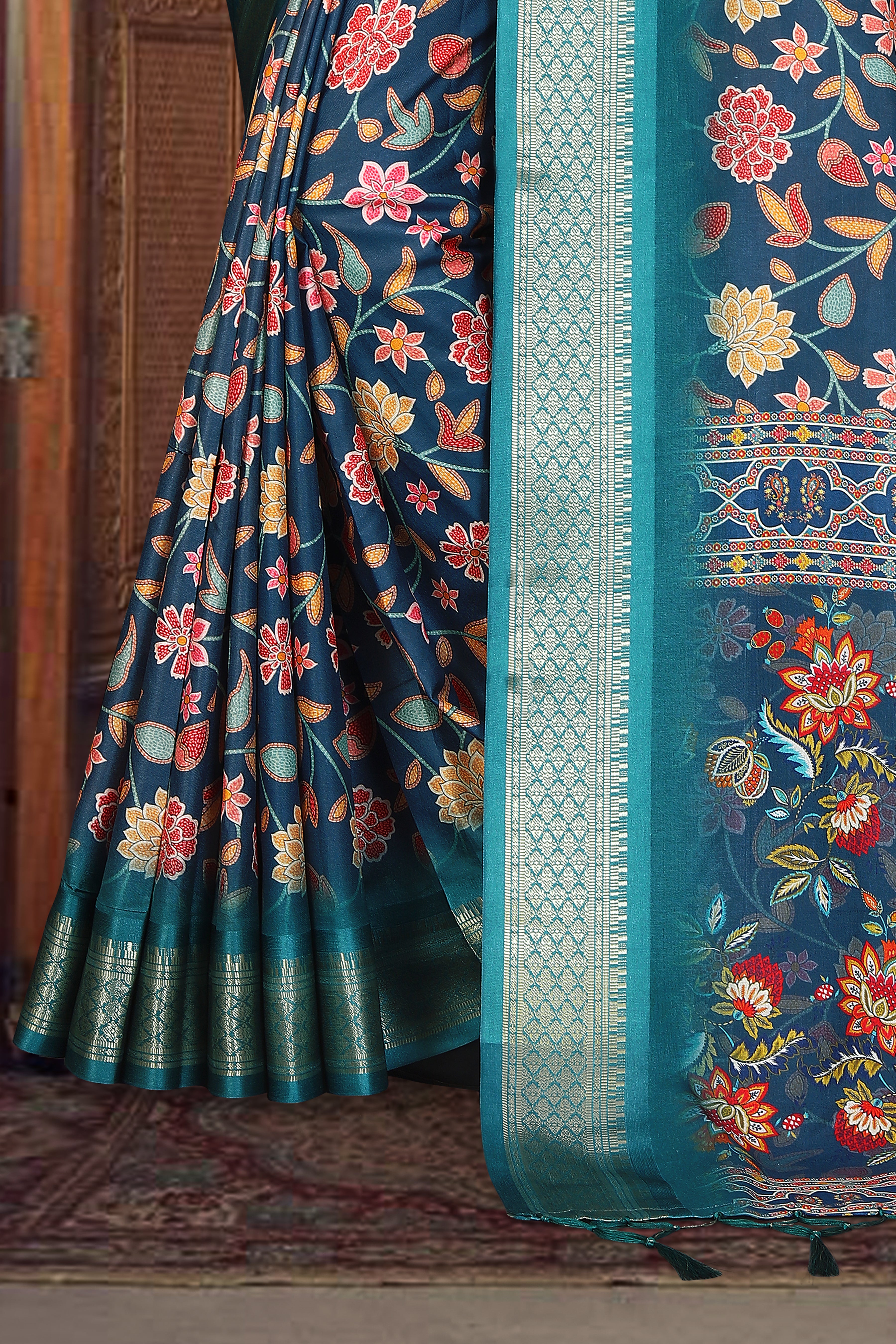 Fabrica Vibe Handwoven Bengal Cotton Saree with Floral Print & Woven Border - Royal Blue