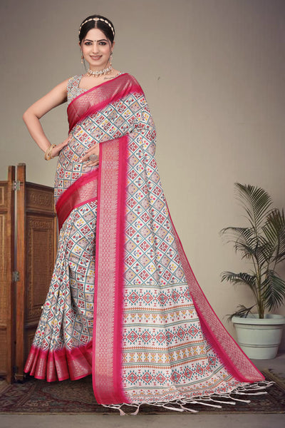 Fabrica Vibe Handwoven Bengal Cotton Saree with Traditional Geometric Woven Design – Rani Pink Border