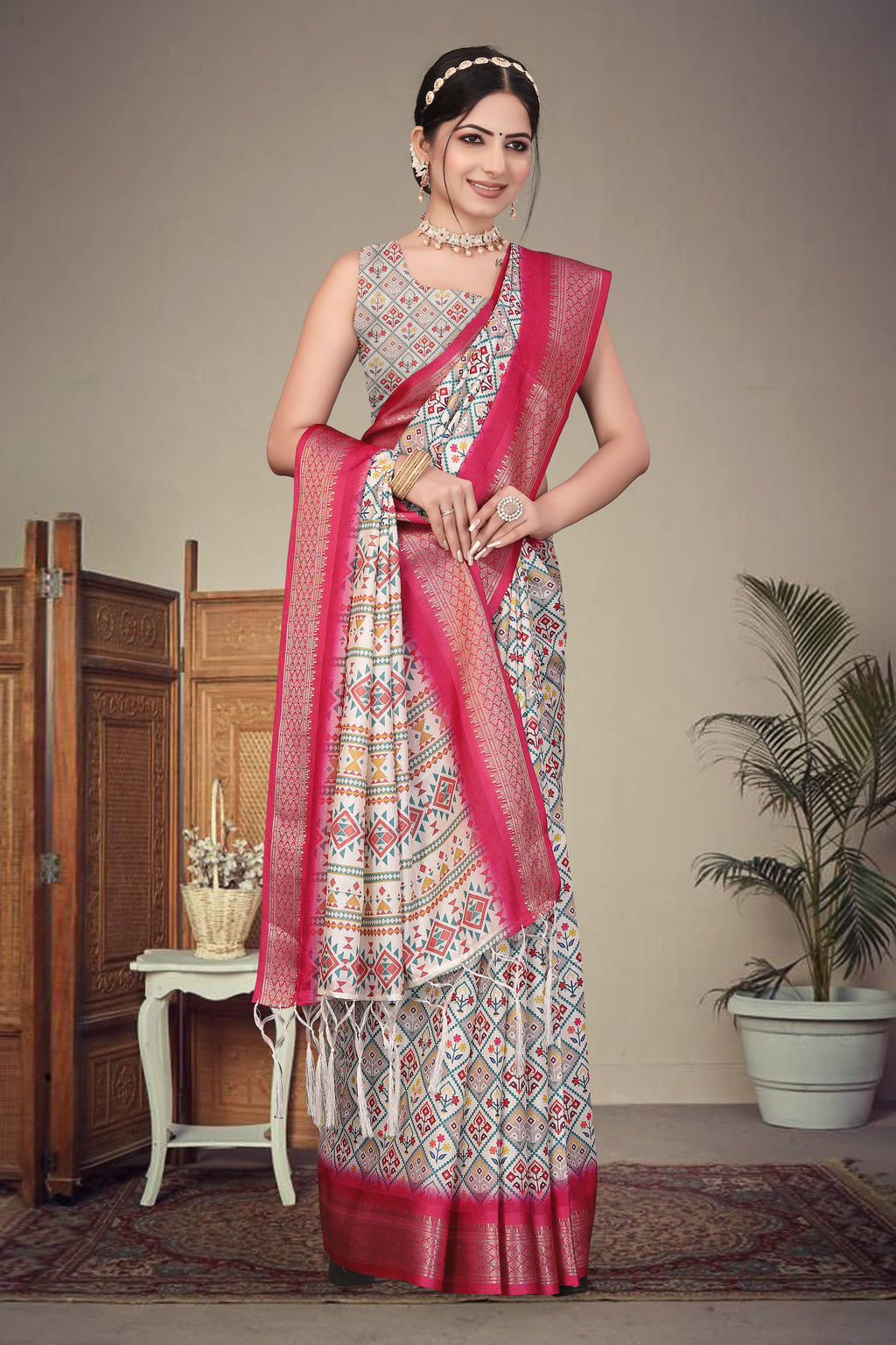 Fabrica Vibe Handwoven Bengal Cotton Saree with Traditional Geometric Woven Design – Rani Pink Border
