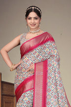 Fabrica Vibe Handwoven Bengal Cotton Saree with Traditional Geometric Woven Design – Rani Pink Border