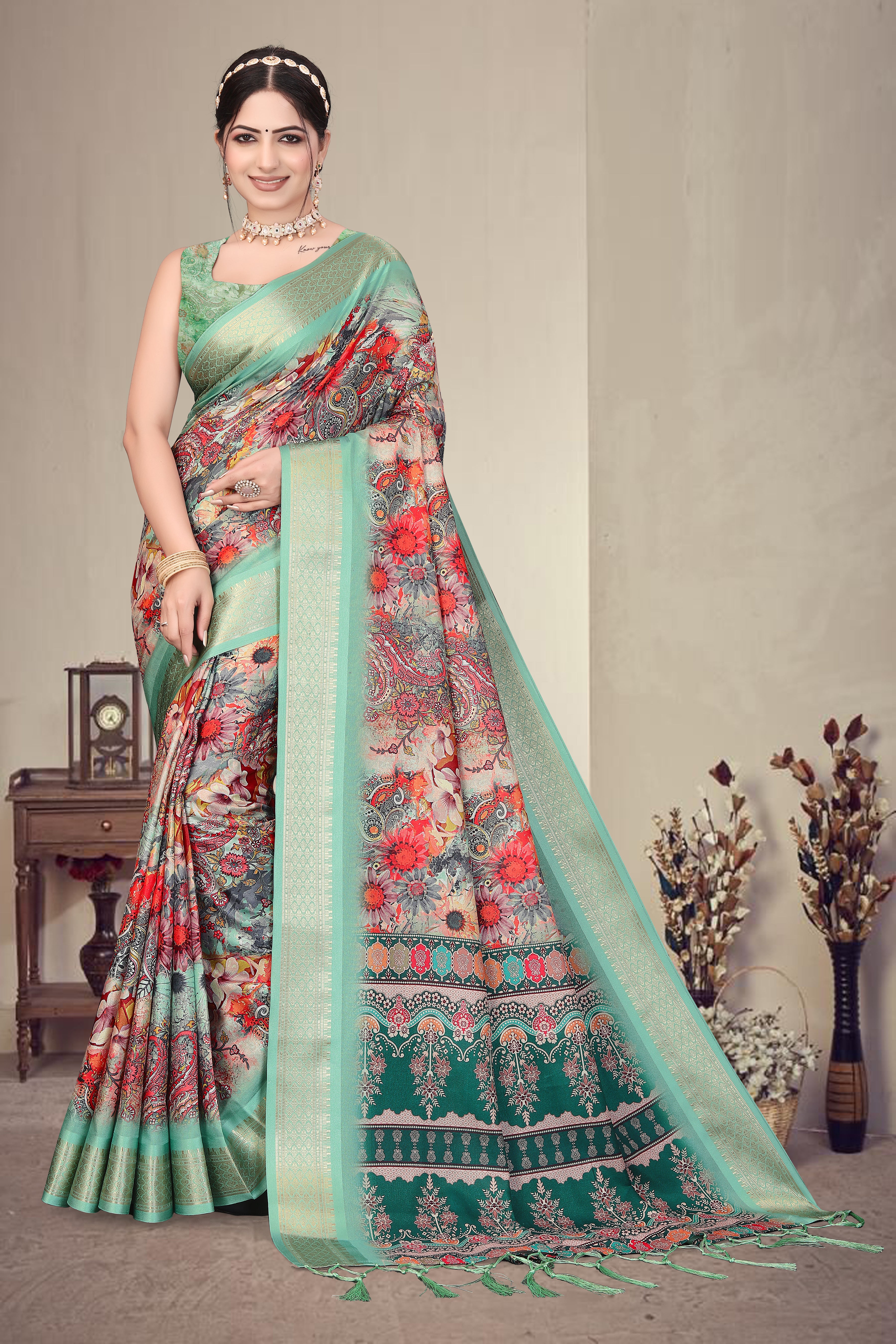 Fabrica Vibe Mint Green Handwoven Cotton Saree with Floral Paisley Woven Design