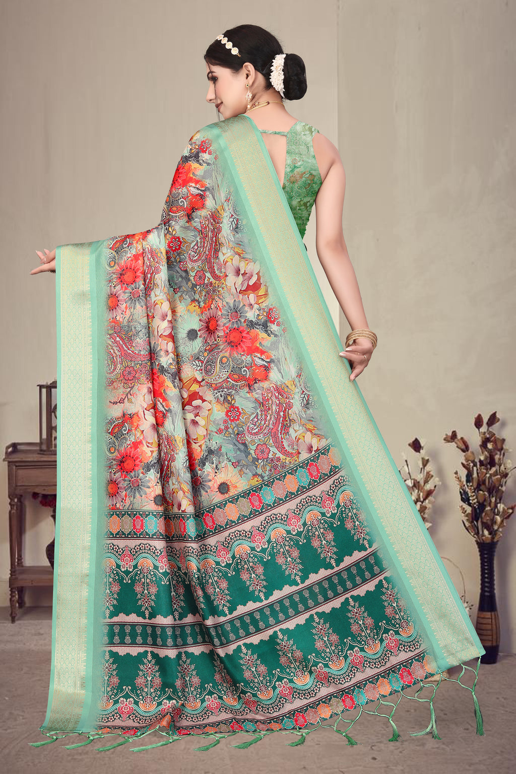 Fabrica Vibe Mint Green Handwoven Cotton Saree with Floral Paisley Woven Design