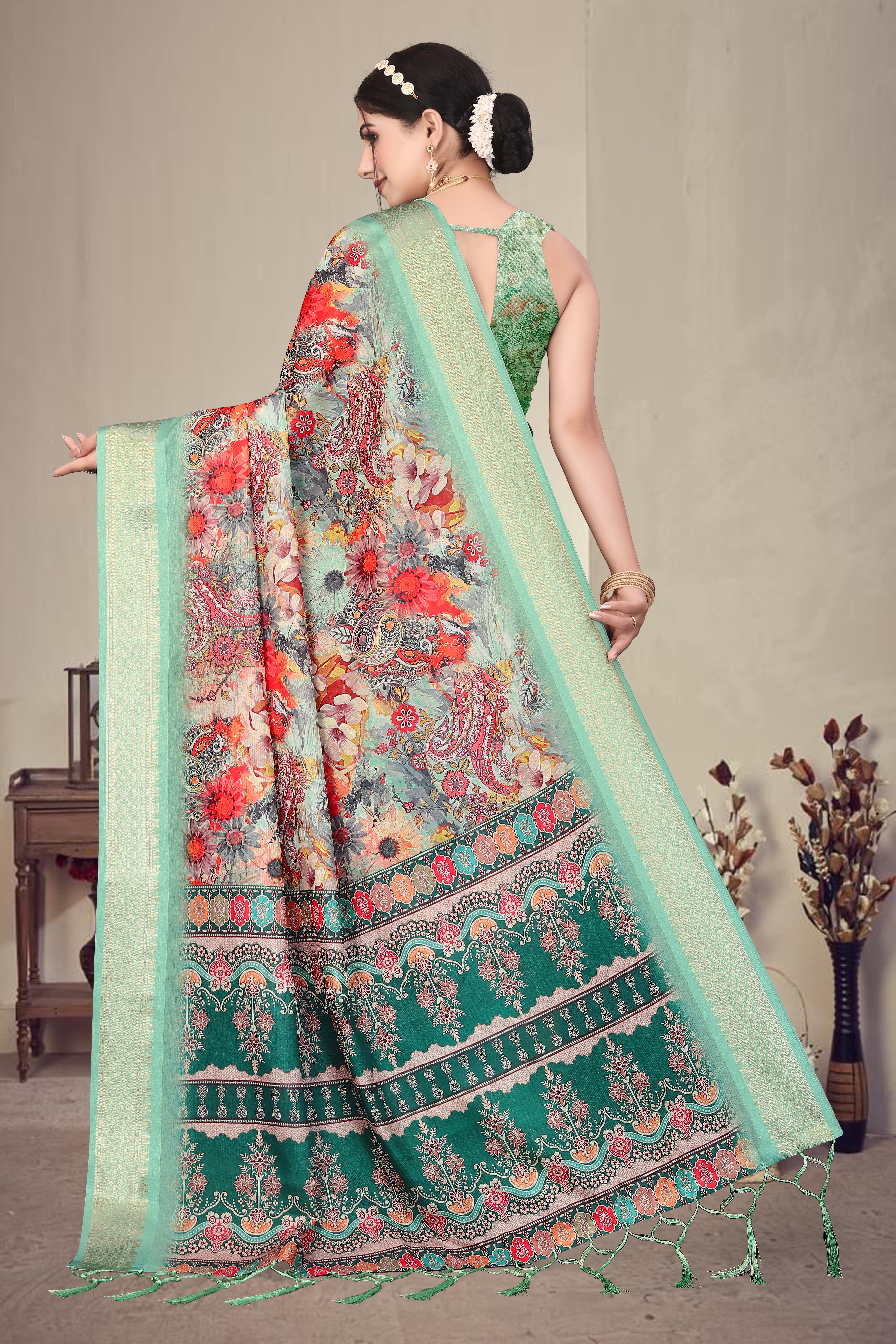 Fabrica Vibe Mint Green Handwoven Cotton Saree with Floral Paisley Woven Design