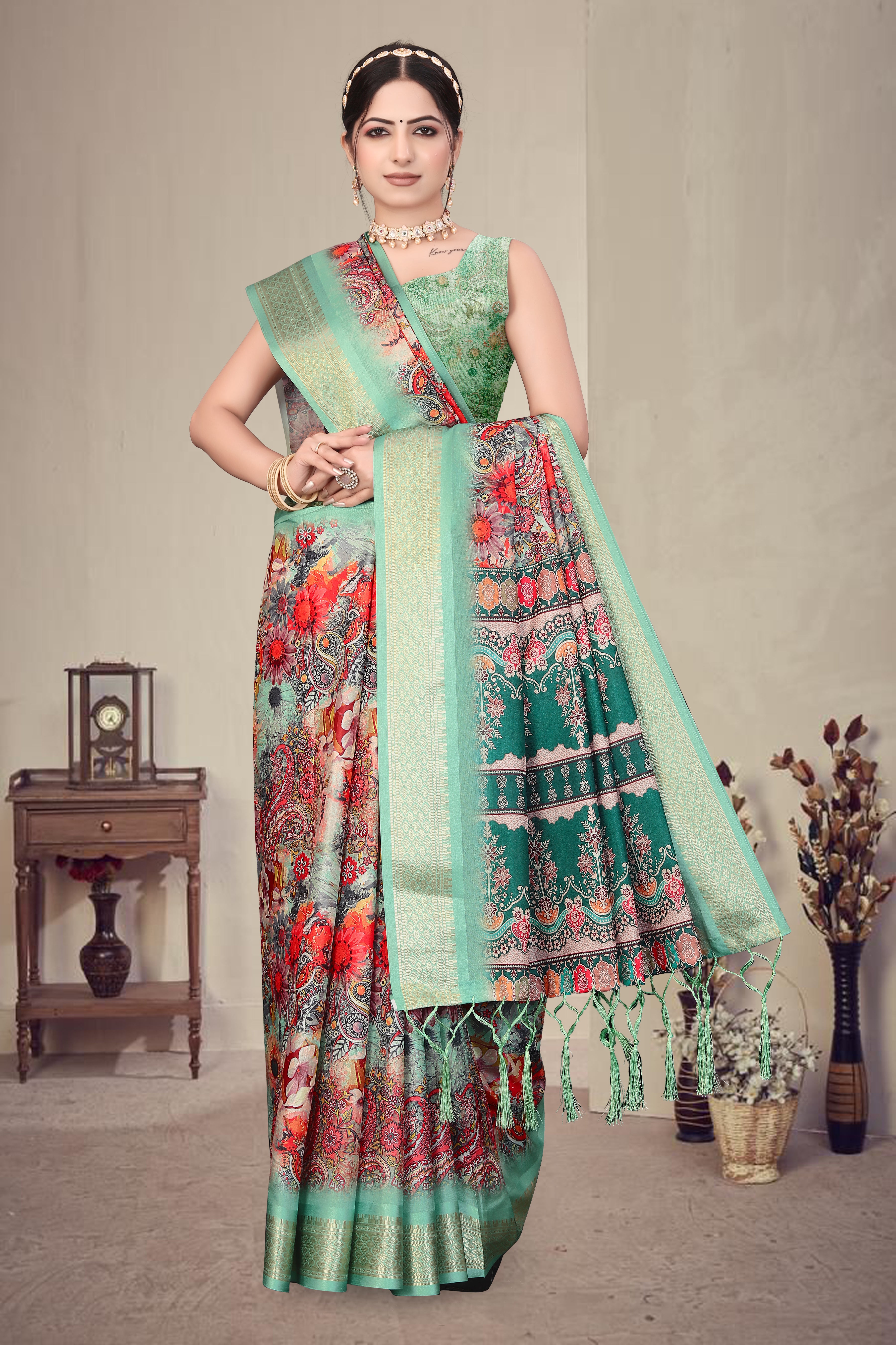 Fabrica Vibe Mint Green Handwoven Cotton Saree with Floral Paisley Woven Design