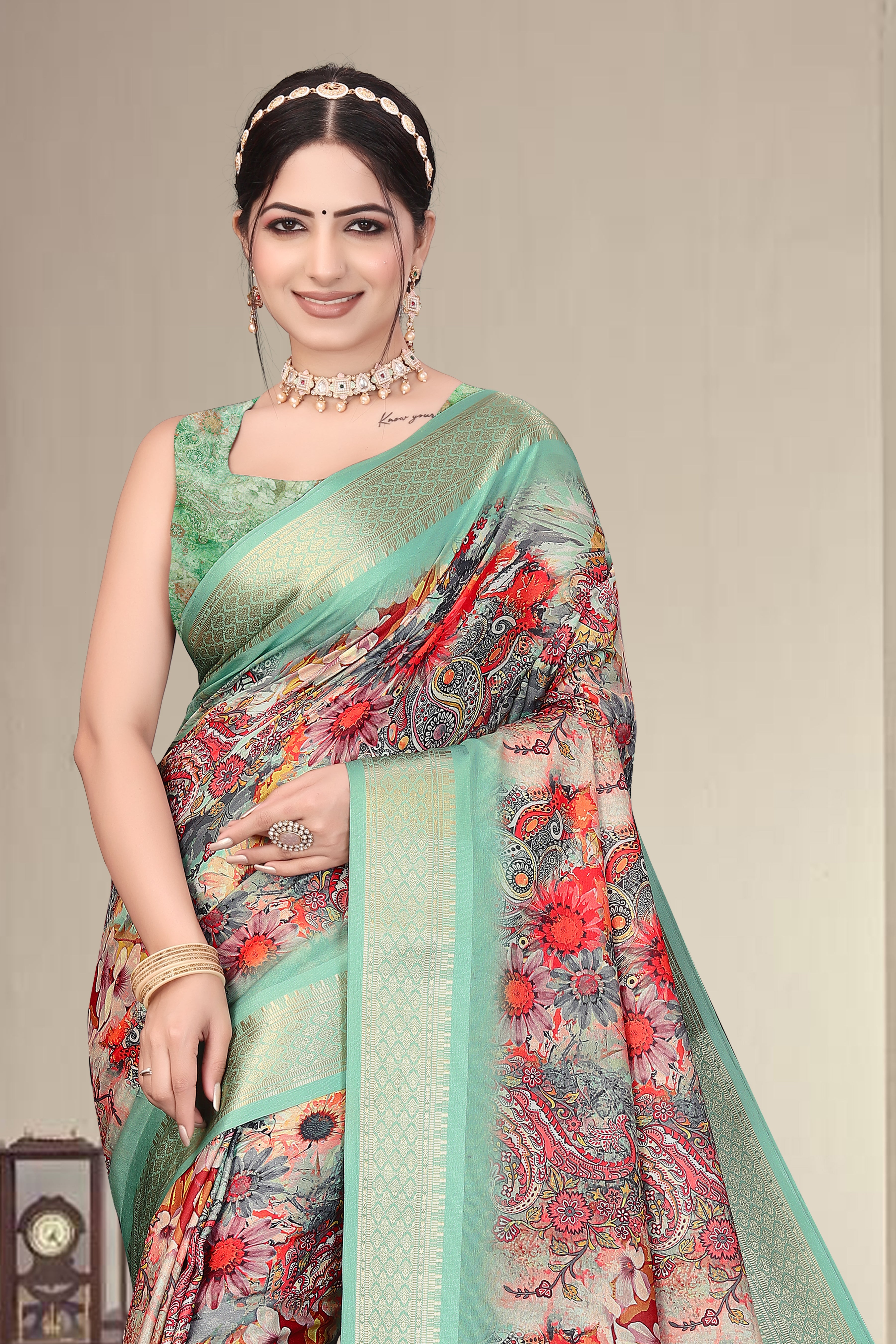 Fabrica Vibe Mint Green Handwoven Cotton Saree with Floral Paisley Woven Design