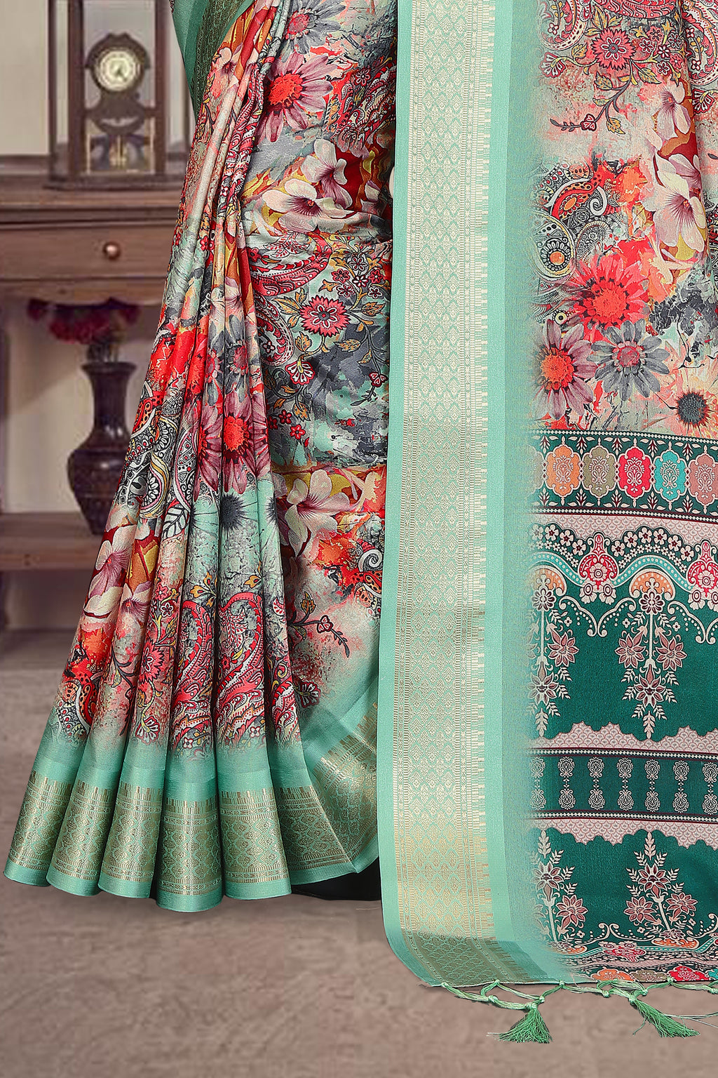 Fabrica Vibe Mint Green Handwoven Cotton Saree with Floral Paisley Woven Design