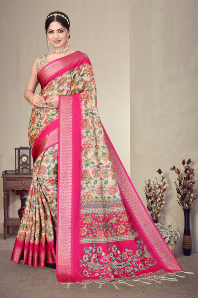 Fabrica Vibe Pink Handwoven Cotton Saree with Floral Woven Design & Artistic Pallu